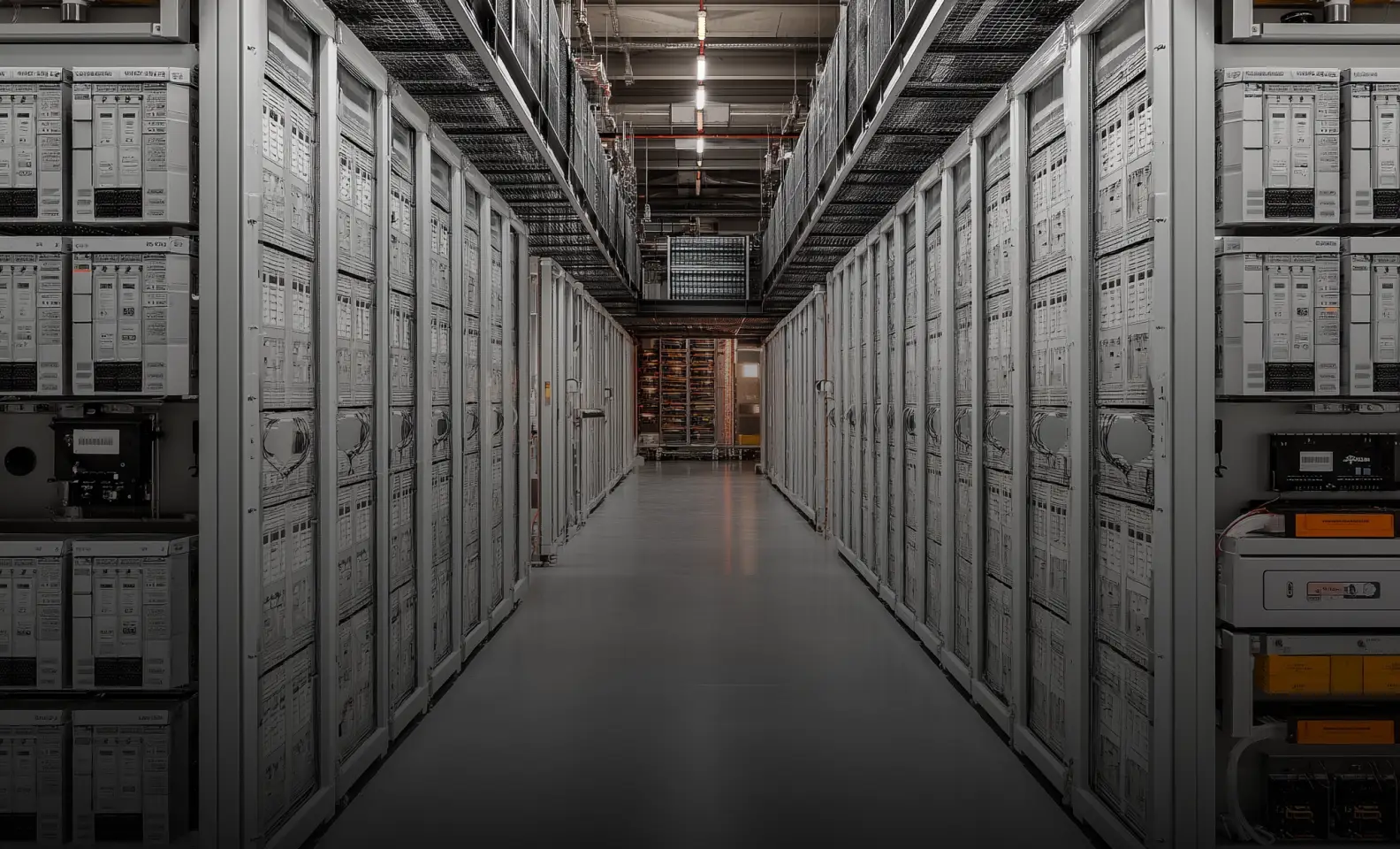 Long corridor lined with rows of tall, white electrical control panels and equipment in an industrial setting.
