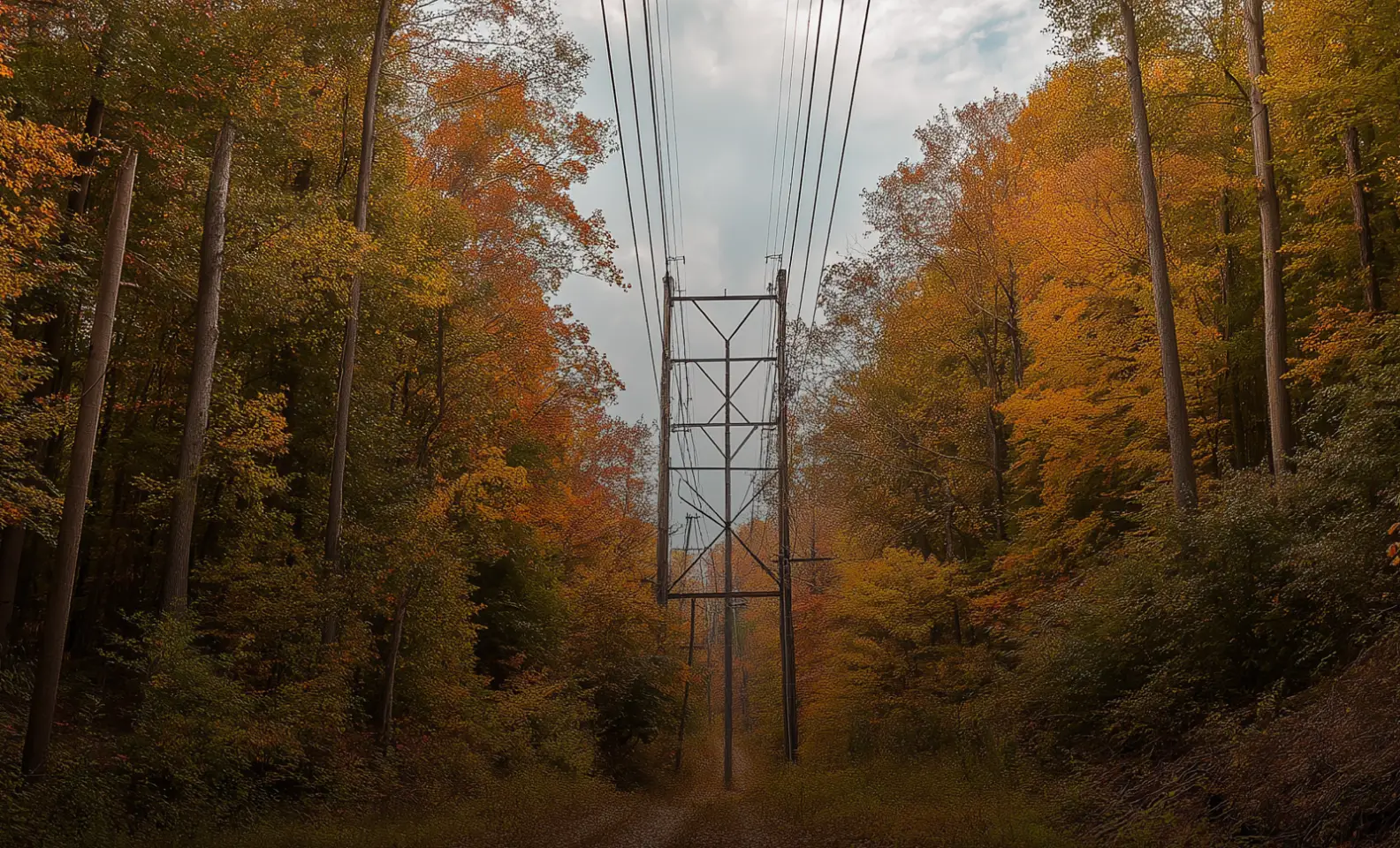 Power lines running through a forest with autumn foliage in shades of orange and yellow.