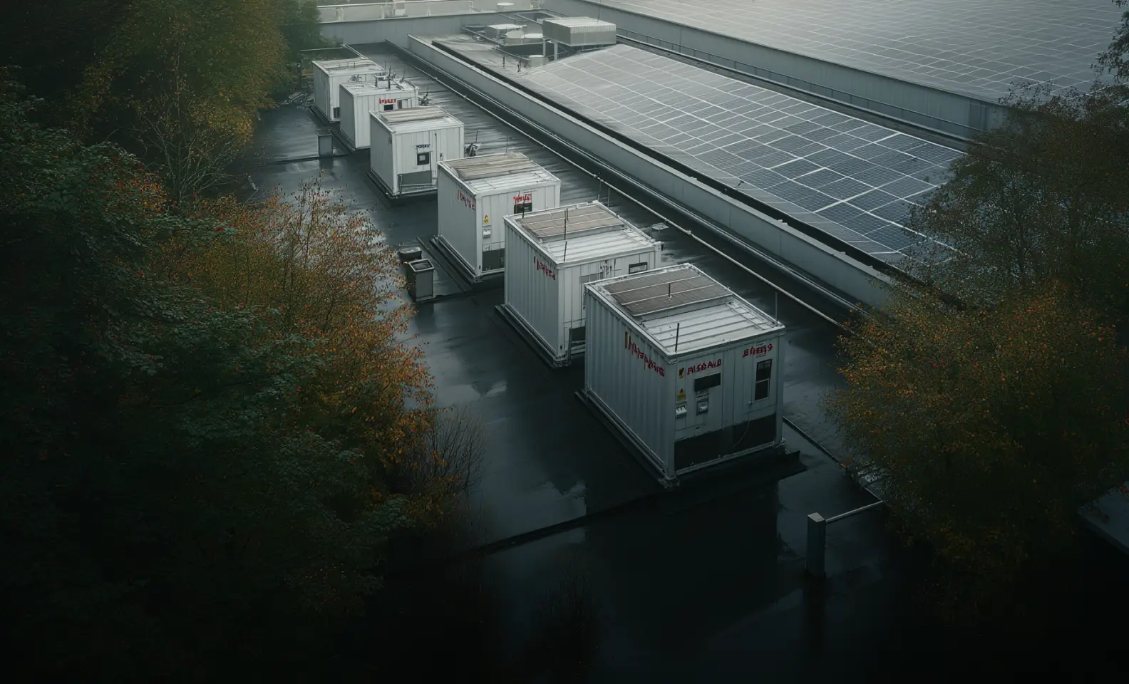 Row of white industrial containers on a rooftop next to solar panels, surrounded by trees with green and autumn foliage.