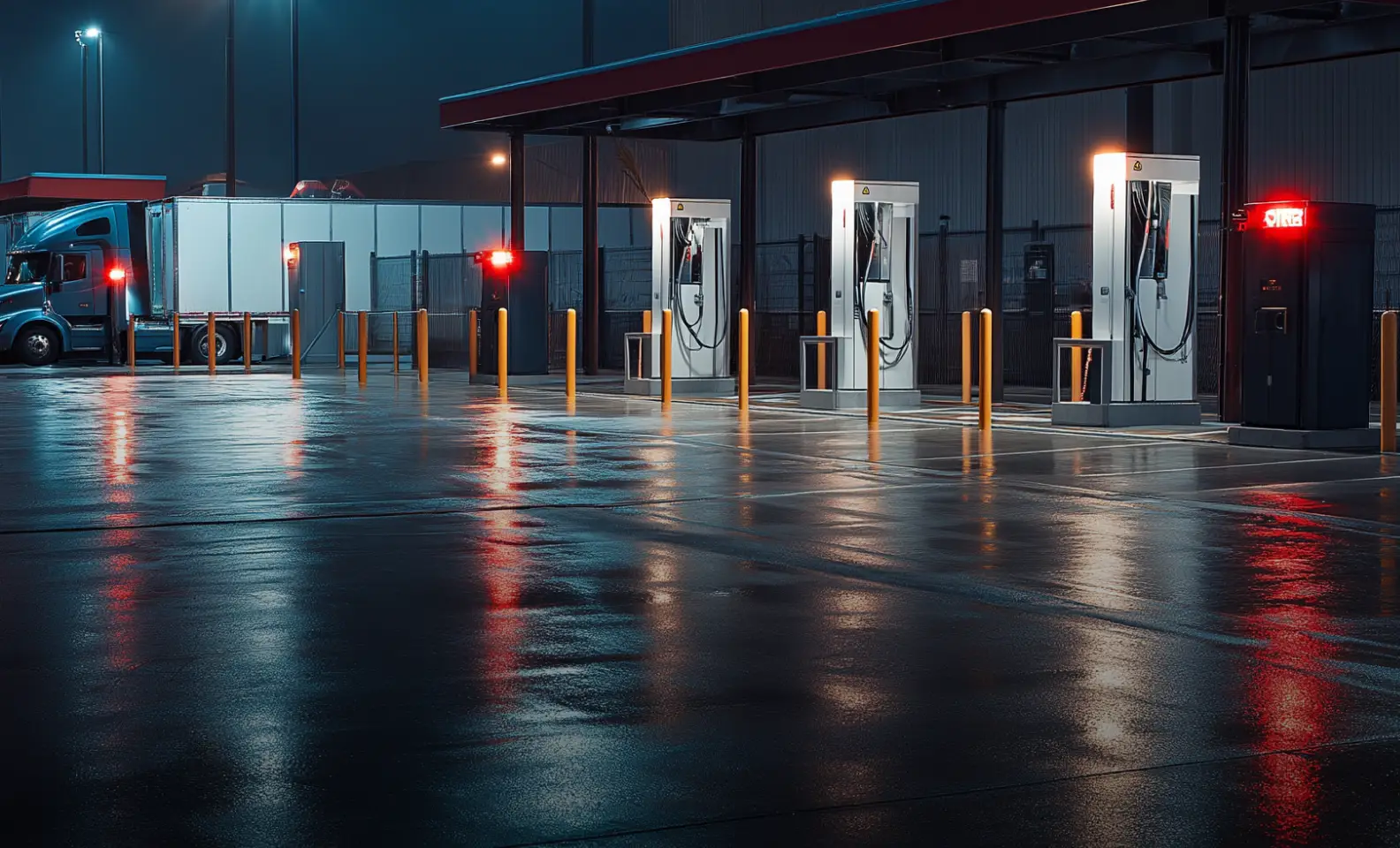 Night view of electric truck charging station with three chargers and a parked semi-truck reflecting on wet pavement.
