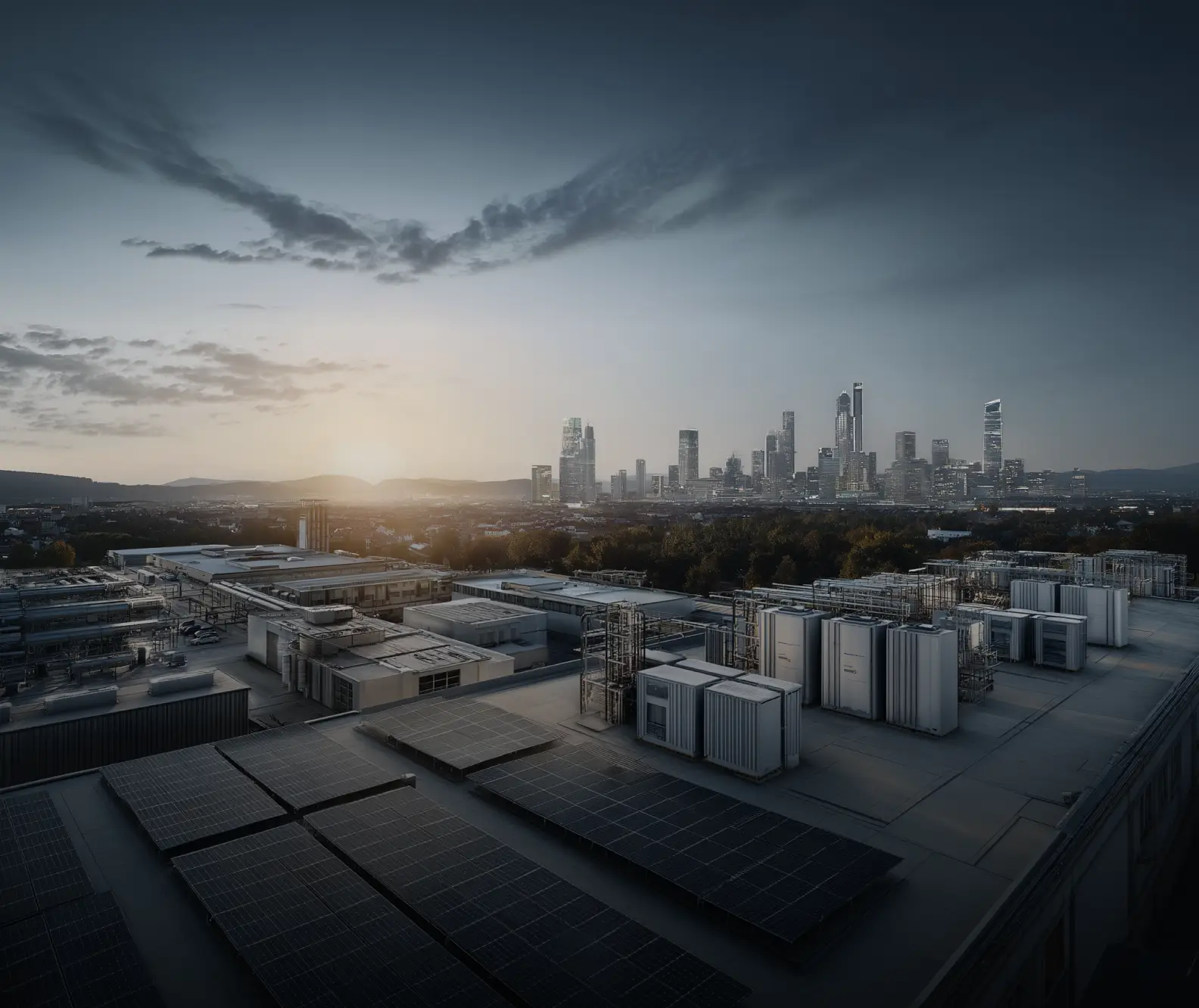 Rooftop with solar panels and industrial equipment overlooking a city skyline at sunset.