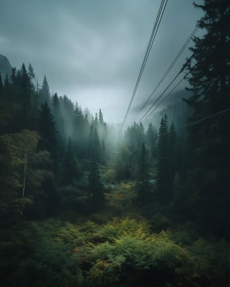 Foggy forest scene with dense evergreen trees, green ferns in the foreground, and power lines cutting across the sky.