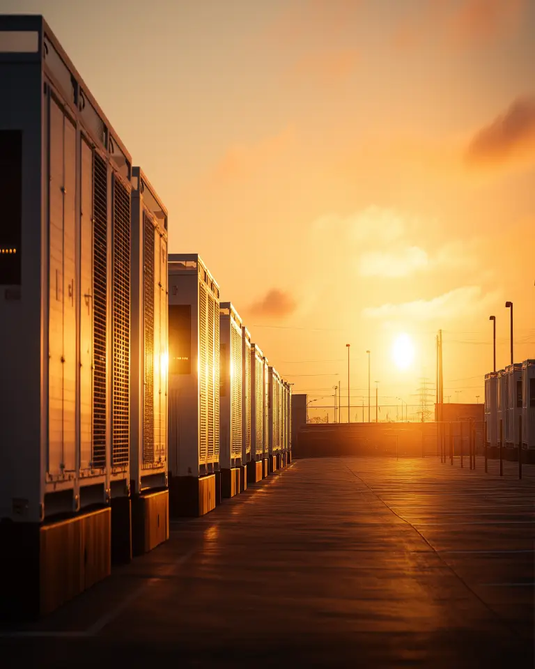 Row of industrial cooling units reflecting the golden light of a sunset over an empty parking lot.