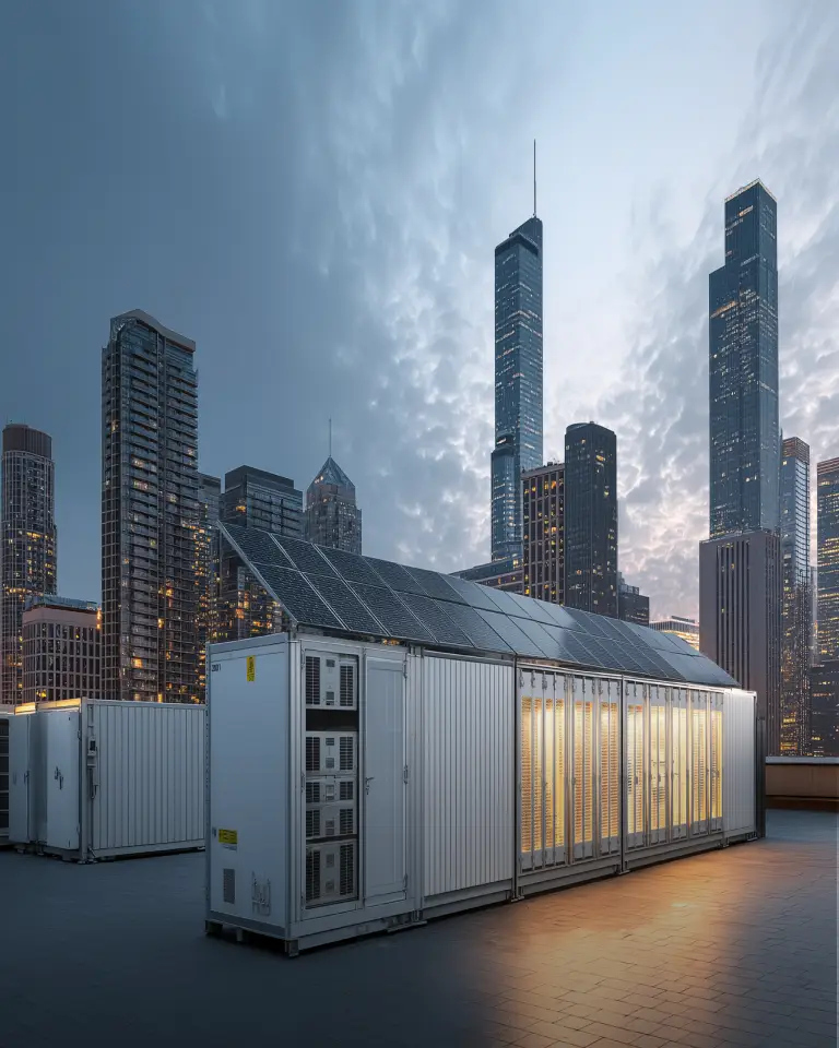 Modular container with solar panels on the roof illuminated from inside, set against a city skyline at dusk.