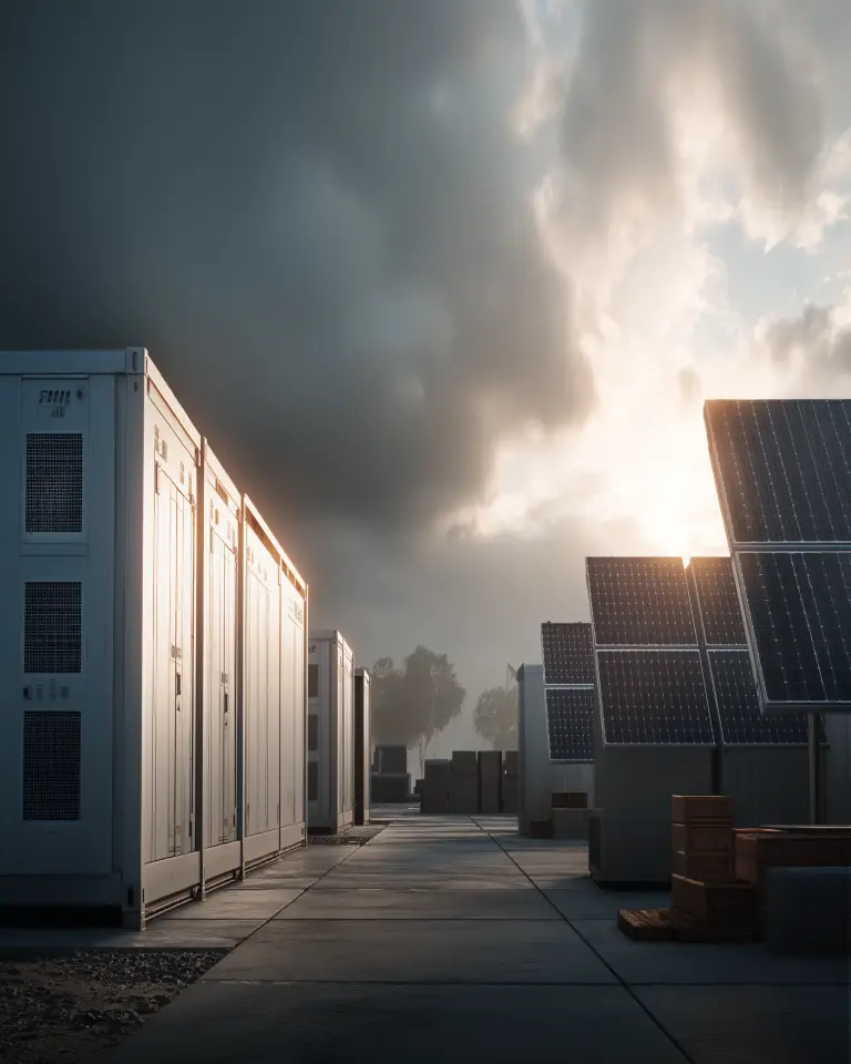 Solar panels and white industrial containers under a cloudy sky with sunlight breaking through.