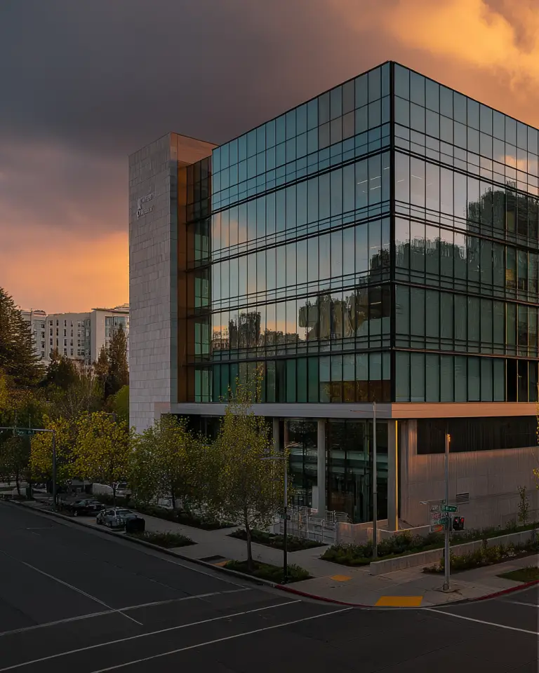 View looking up a tall metal electricity transmission tower against a cloudy sky.