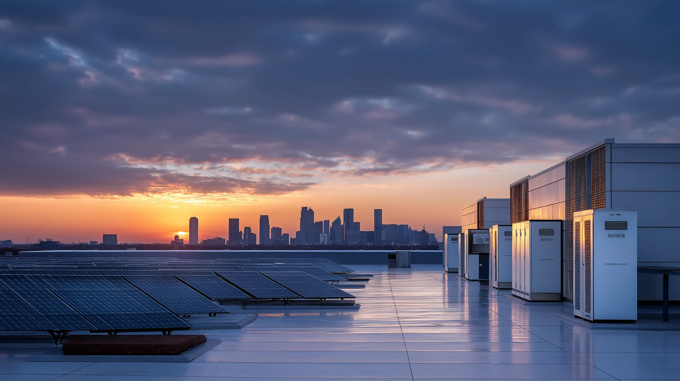 Solar panels and air conditioning units on a rooftop with a city skyline and sunset in the background.