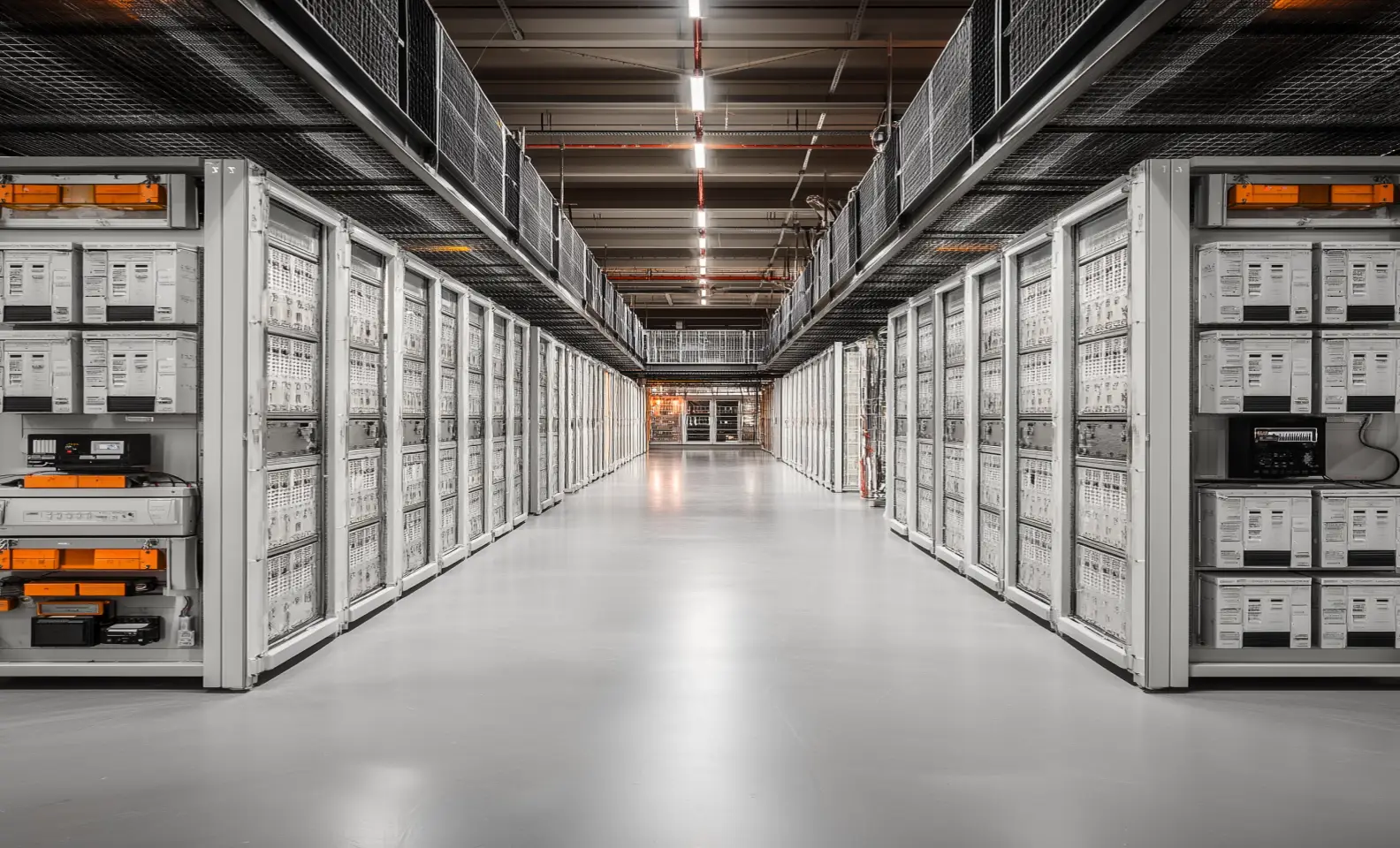 Long corridor inside a modern data center with rows of server racks on both sides and overhead lighting.