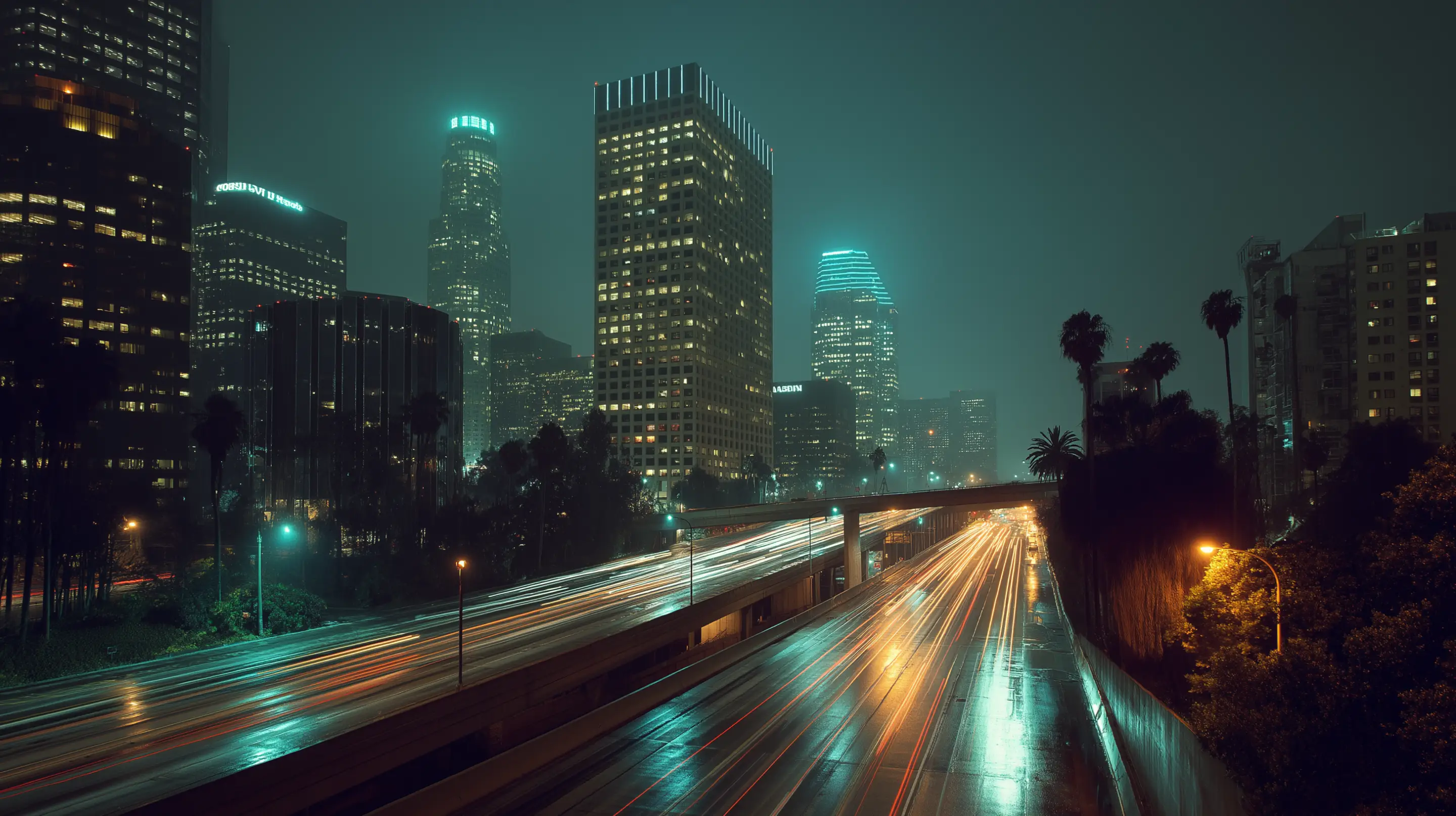 Nighttime cityscape of a wet highway with light trails and illuminated skyscrapers in the background.