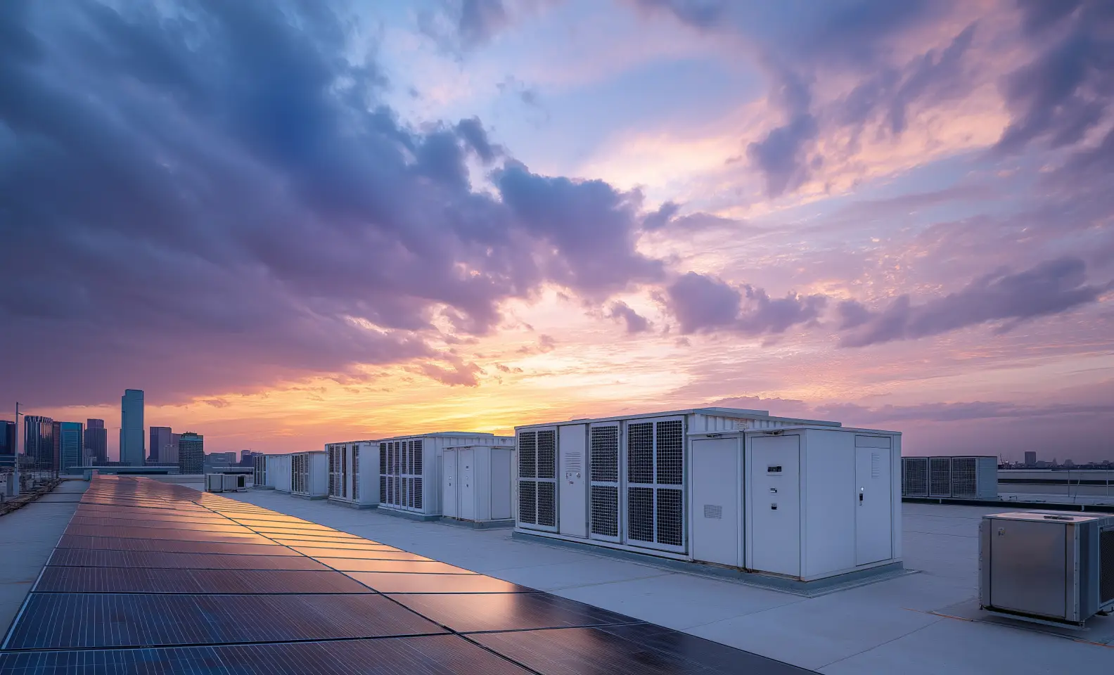 Rooftop with solar panels and HVAC units at sunset under partly cloudy sky.