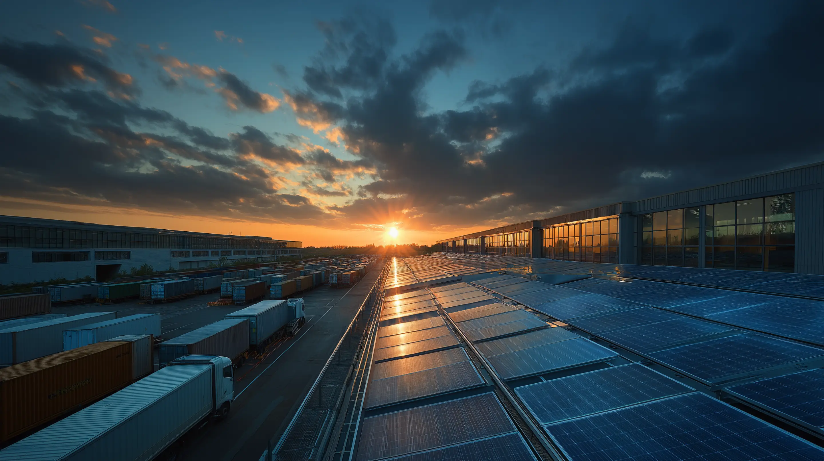 Sunset view over a logistics hub with solar panels on a warehouse roof and rows of parked trucks.