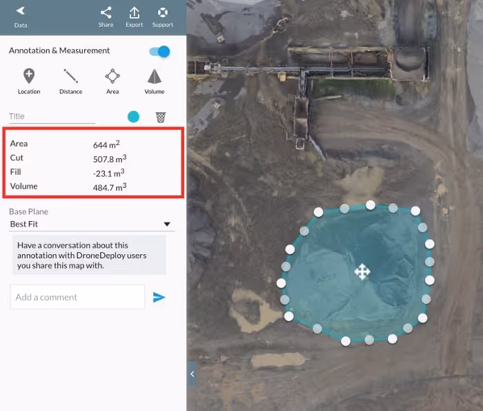 Stockpile measurement using DroneDeploy’s volume measurement tool