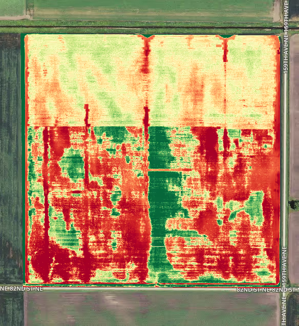 An example of the VARI algorithm applied to a drone map of a crop field captured using an RGB camera