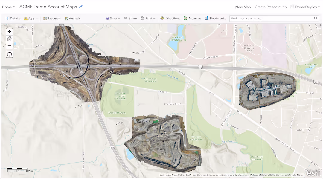 The DroneDeploy and Esri integration shows your maps directly in your ArcGIS instance.
