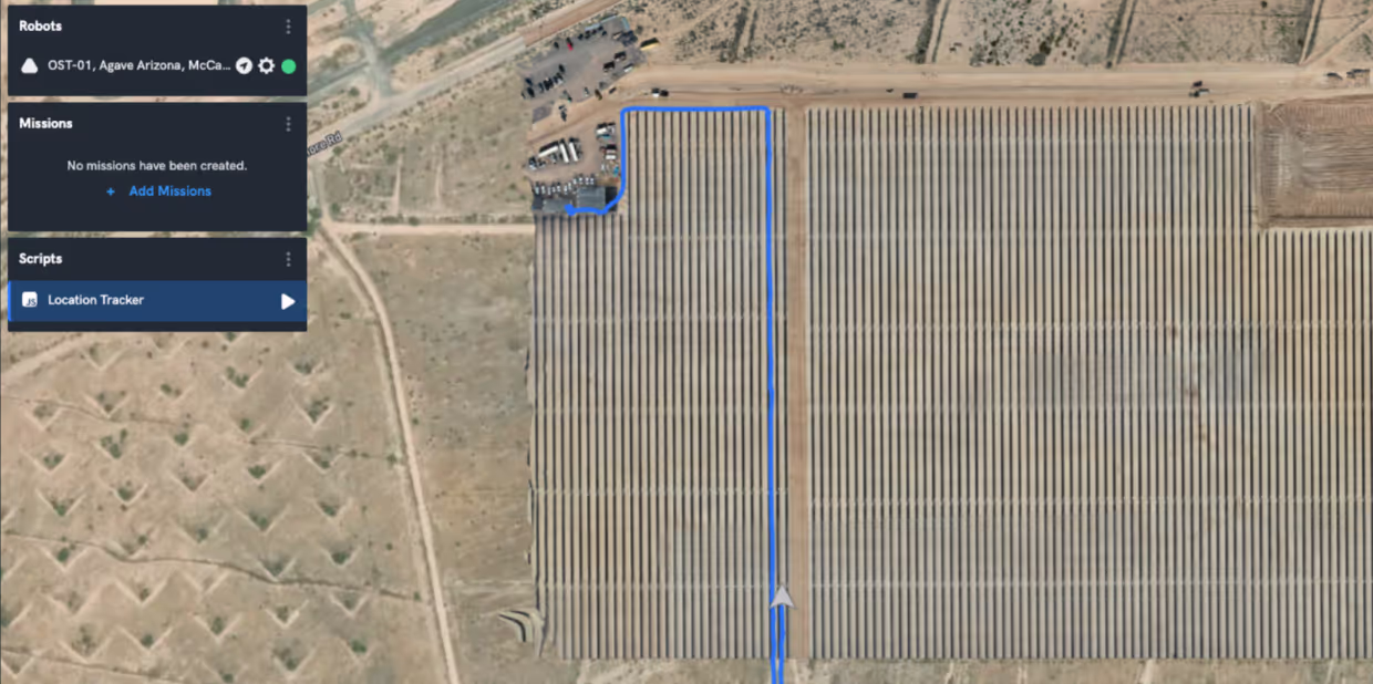A view of the OnSight robot in platform scanning a solar farm
