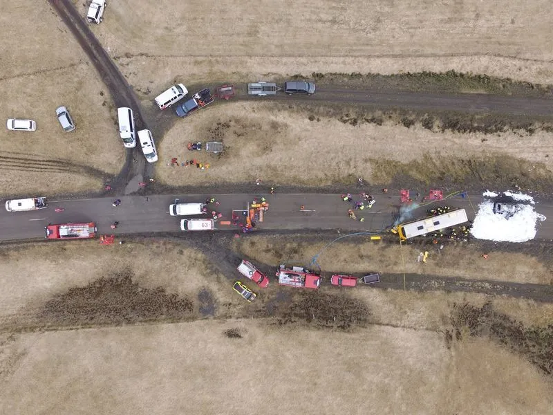 Drone shot of a wildfire response team