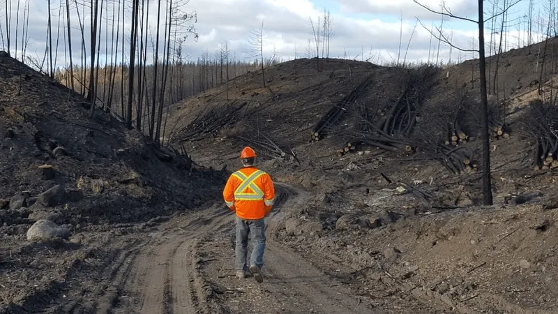 A worker walks through fire-damaged areas.