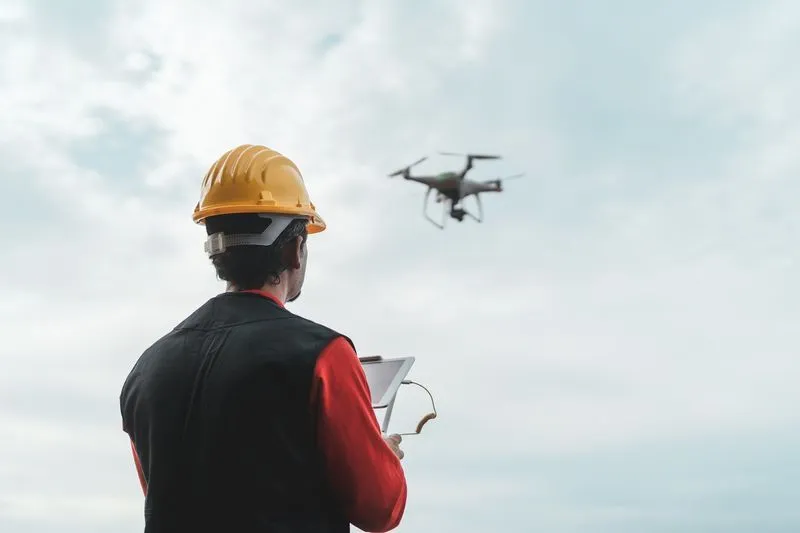 Construction worker operating drone