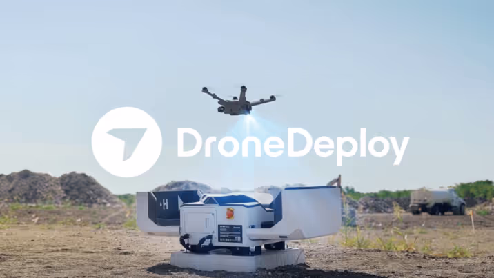 dji drone landing on a dock 2 featuring the DroneDeploy logoo