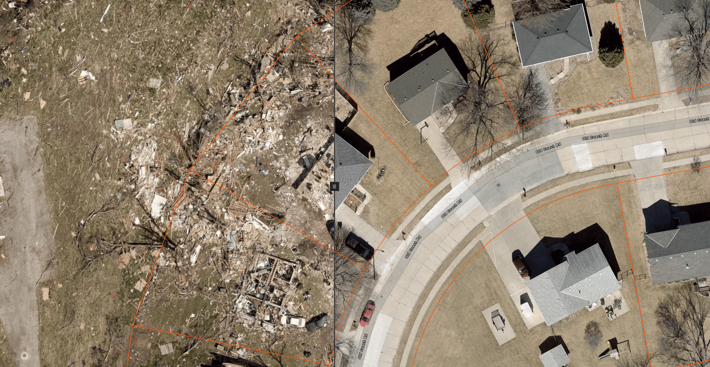 Slider of drone imagery before and after the tornado 