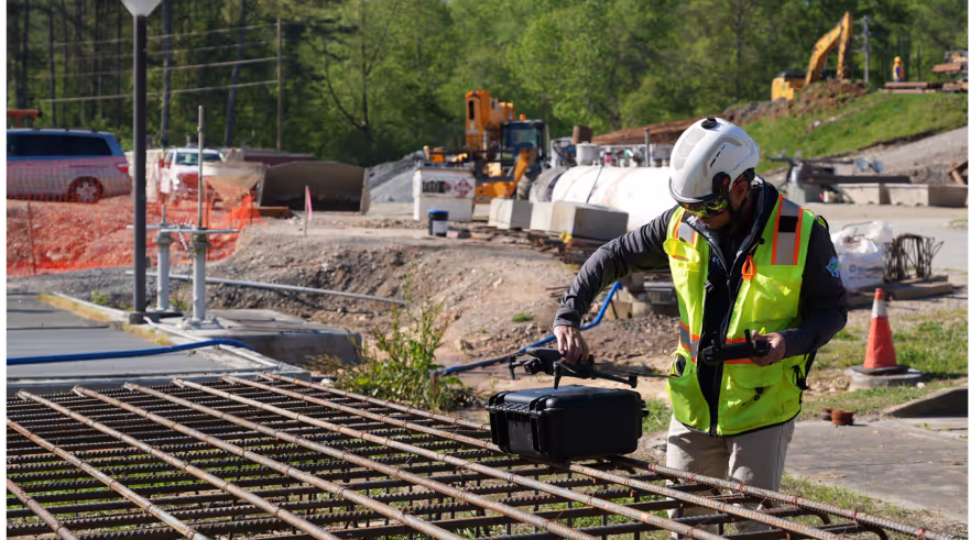 Image of construction worker setting up drone on a jobsite for drone mapping