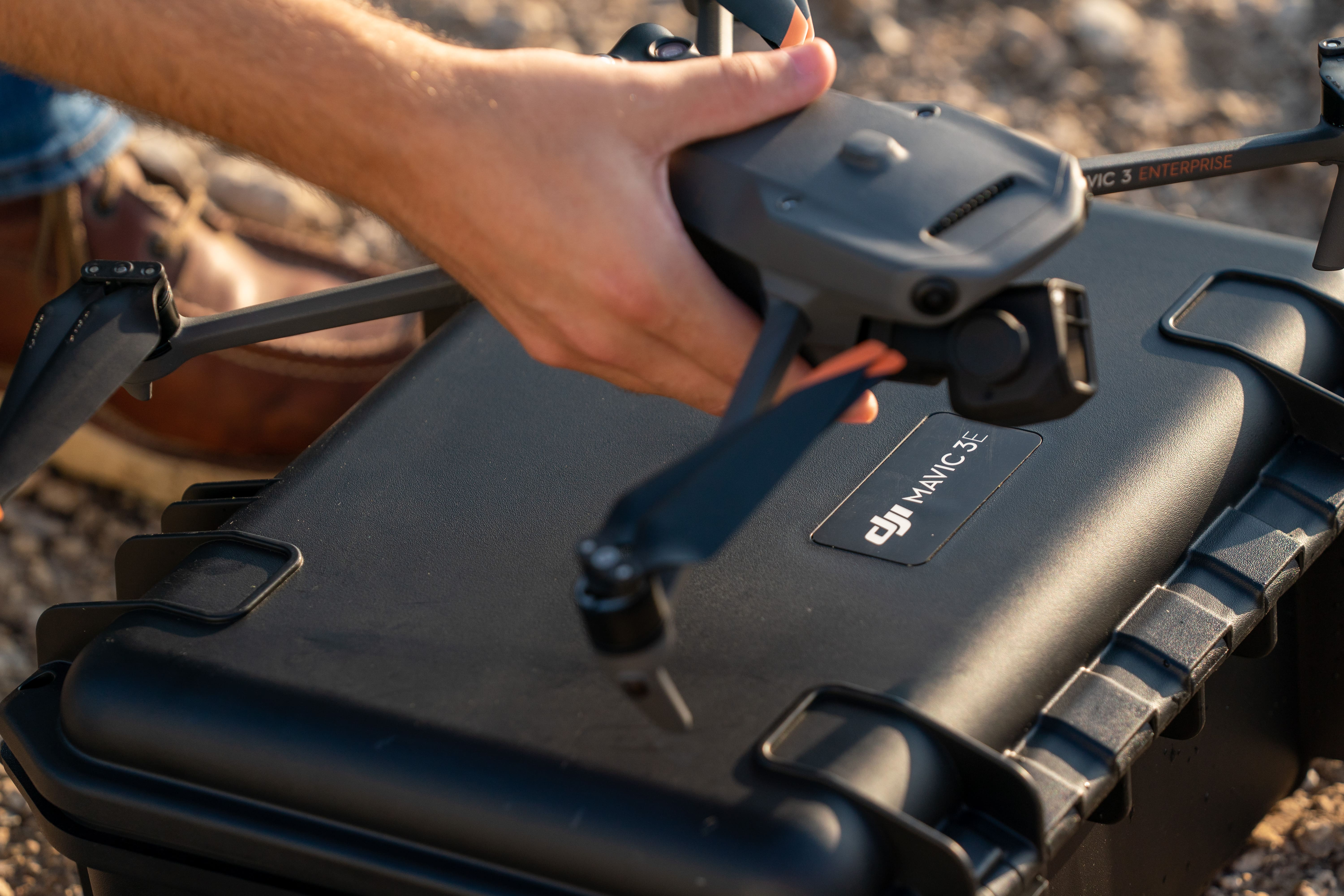 close up of the mavic 3e unboxing on a jobsite