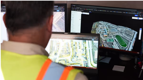 Over the shoulder shot of a construction worker viewing the results of drone surveying in DroneDeploy