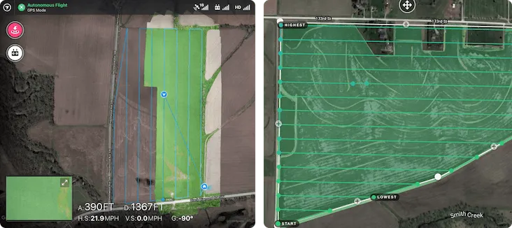 an aerial view of a field with a green field