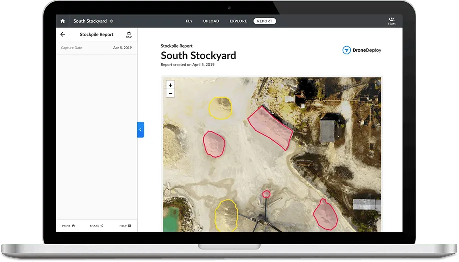 The DroneDeploy interface showing an aerial view of inventory.