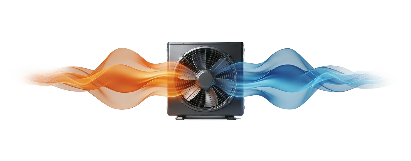 HVAC unit showing hot and cold airflow illustration for heating and cooling services
