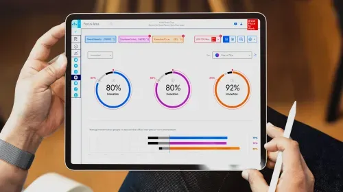 Hands holding a tablet showing Great Place to Work Trust Index scores of 80%, 80%, and 92% with bar charts.
