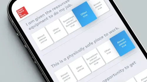 Visual promoting Great Place To Work Trust Index survey, showing employees and messaging about easily measuring employee satisfaction, with branded design elements.
