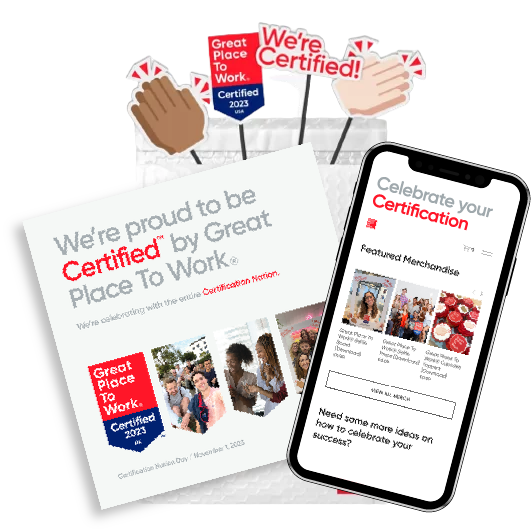Colorful Great Place To Work Certification celebration kit with festive illustrations, banners, and decorative elements for events or workplace recognition.