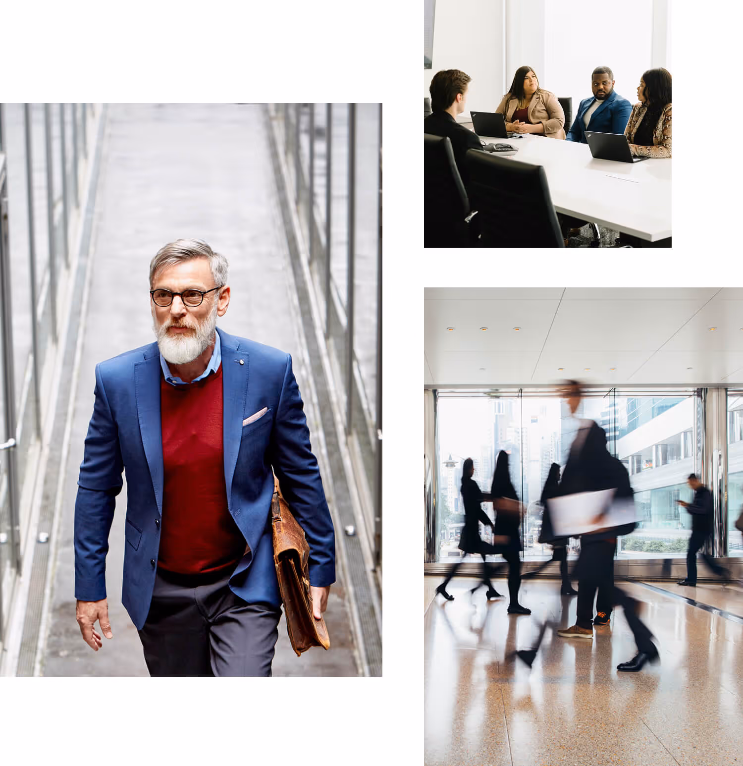Businessman in blue suit walking with briefcase; office meeting and busy lobby scenes nearby.