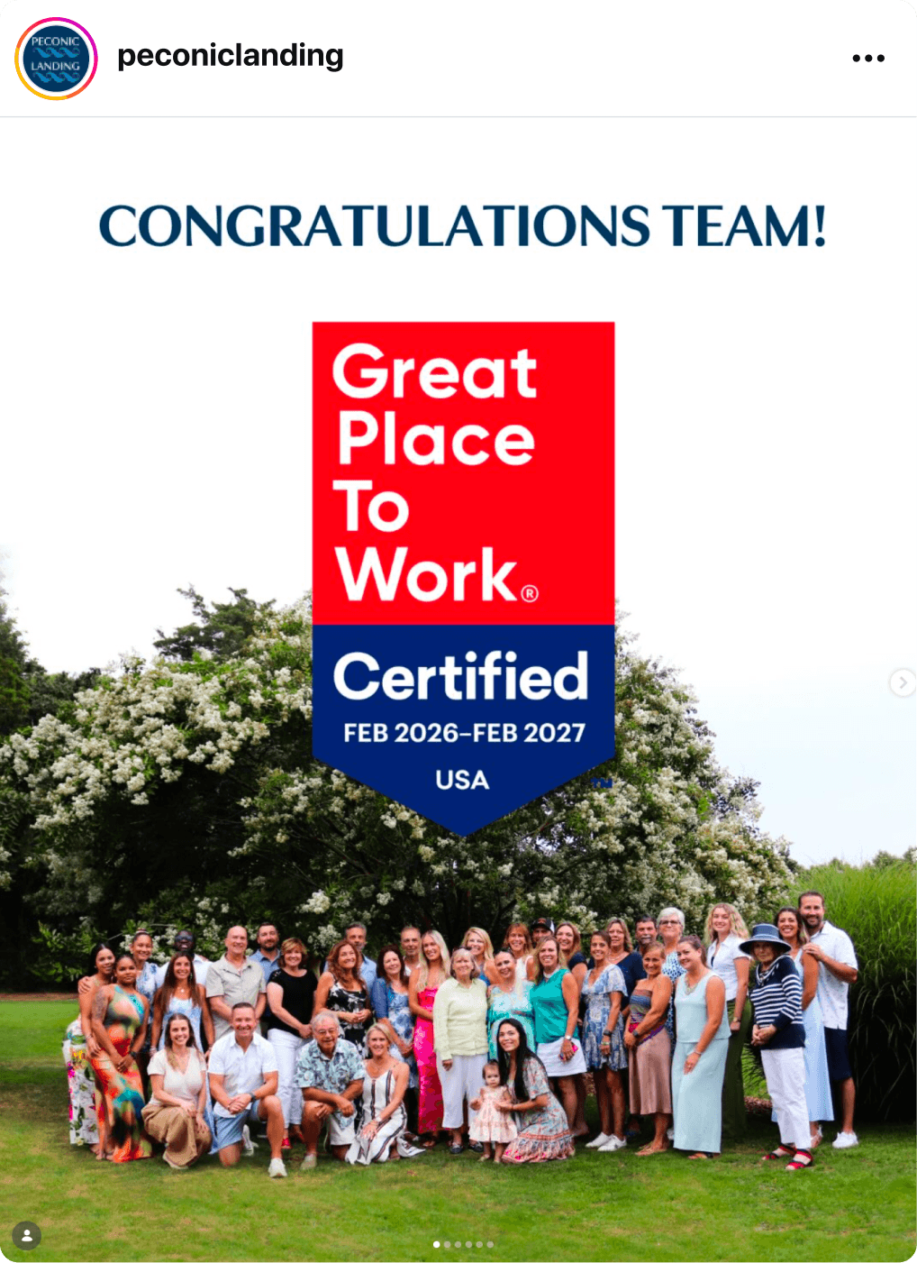 A social post of group of employees standing outdoors beneath a Great Place To Work Certification badge celebrating team recognition.