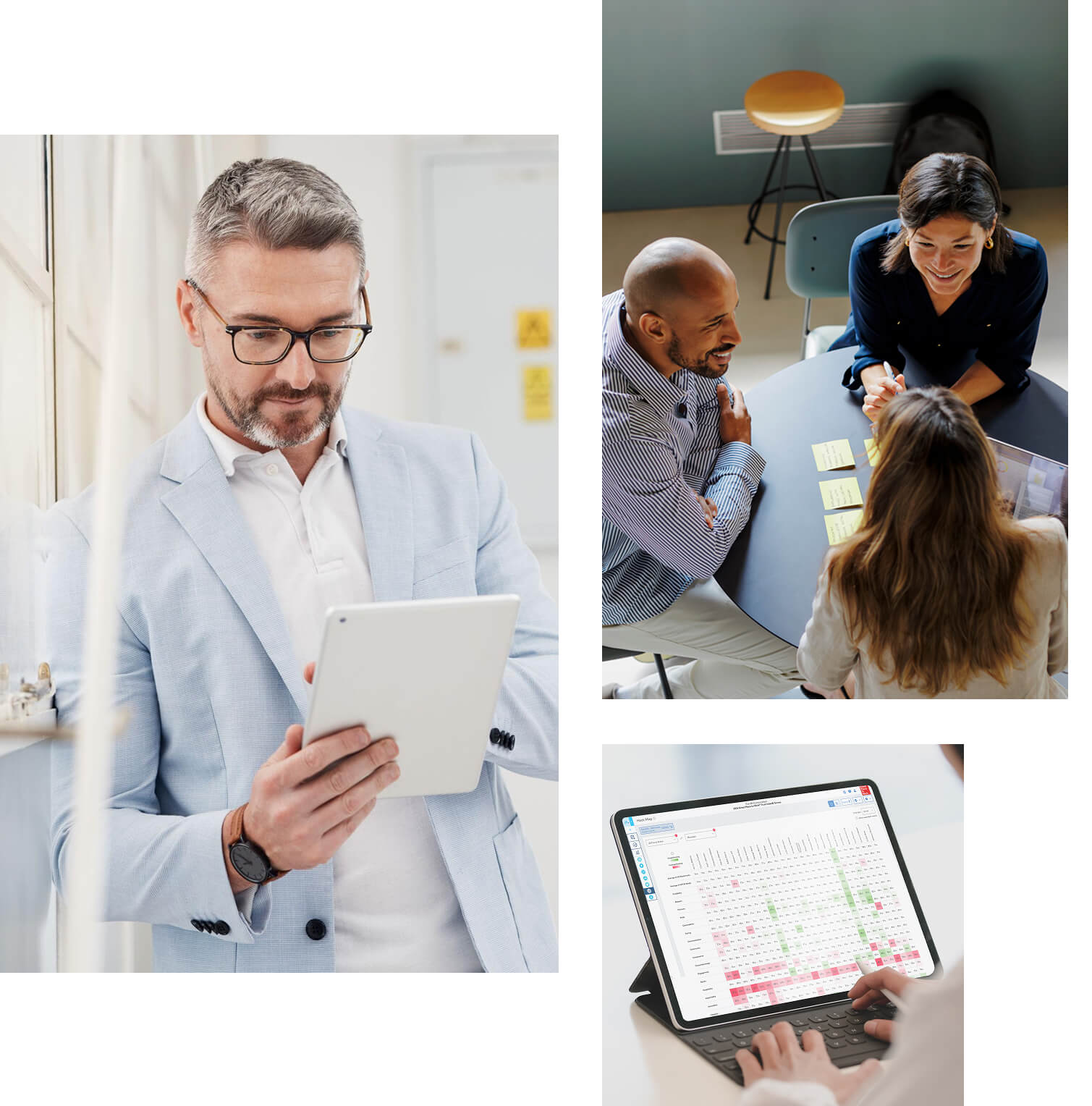 A team of employees collaborating in a modern workplace