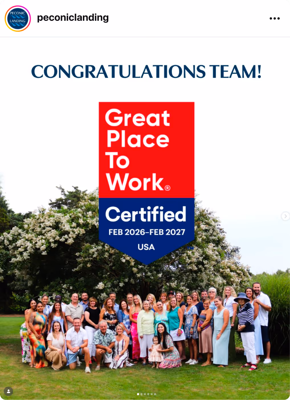 Large team photo outdoors with a Great Place To Work Certification badge and “Congratulations Team” message.