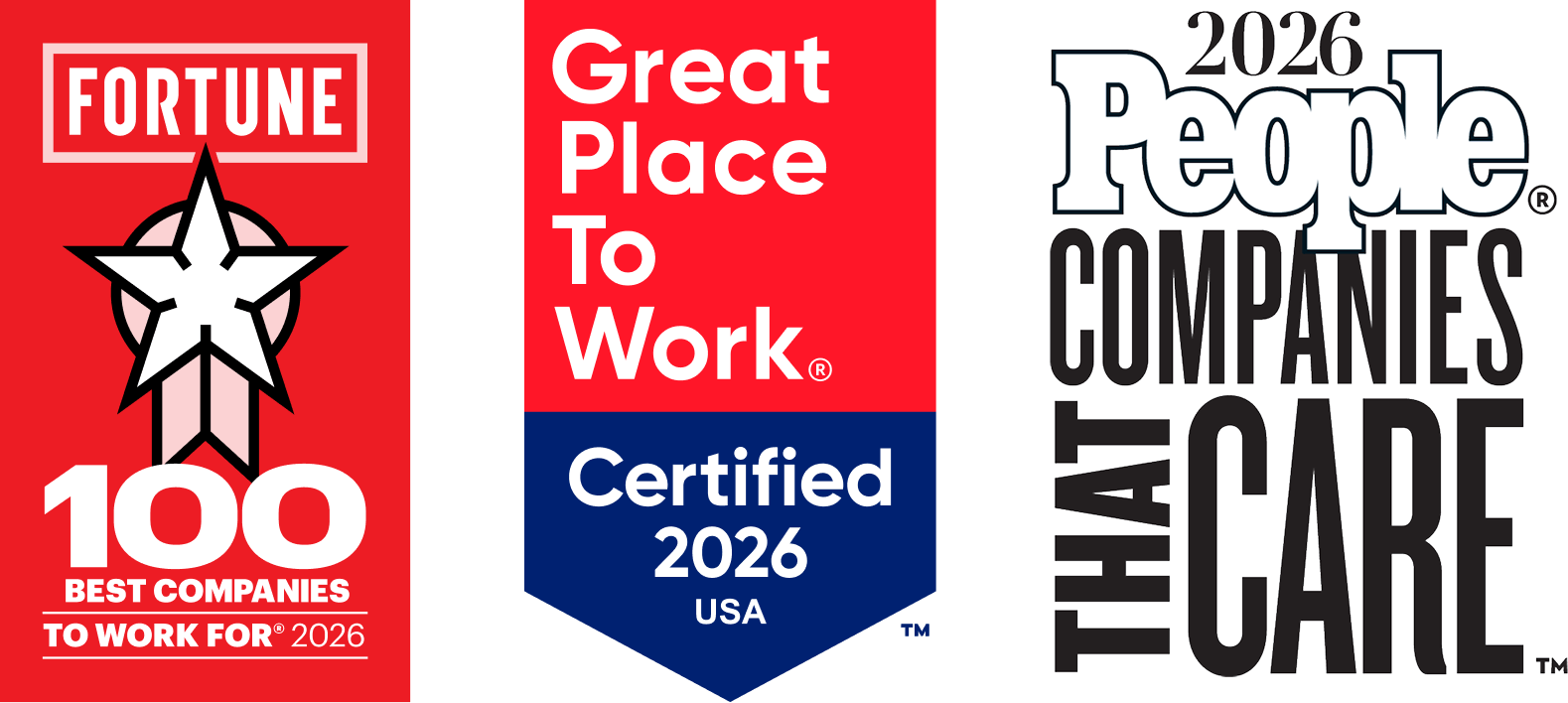 Collection of Great Place To Work® and partner award badges highlighting top workplace recognition in 2026