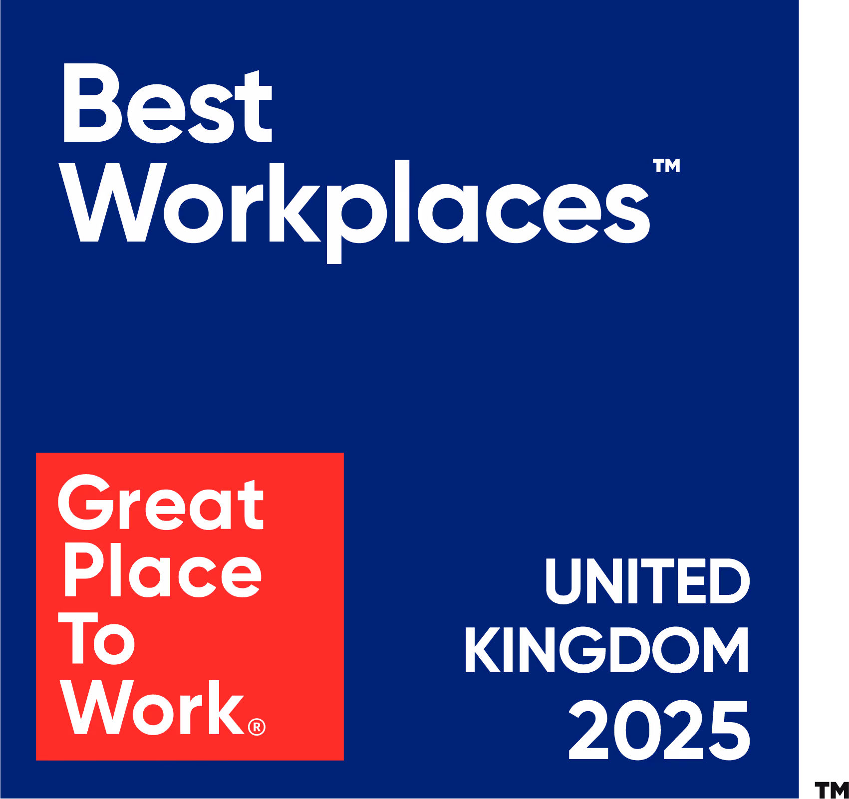 Best Workplaces logo with Great Place to Work and United Kingdom 2025 text on blue background.