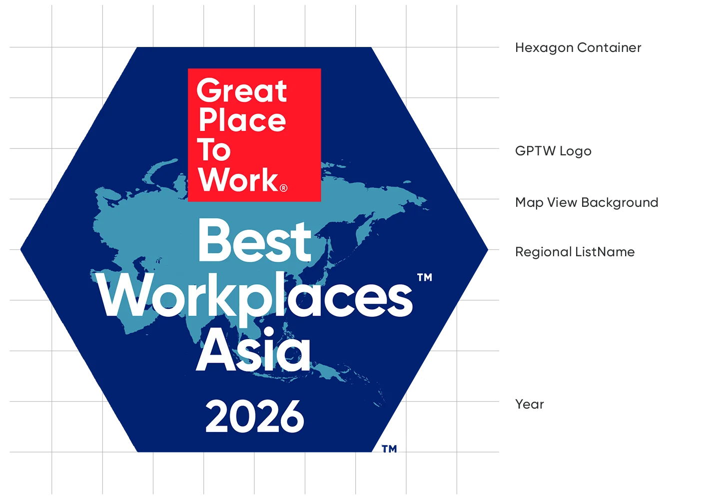 Hexagonal badge with Great Place to Work logo, text Best Workplaces Asia 2026, and a blue map of Asia.