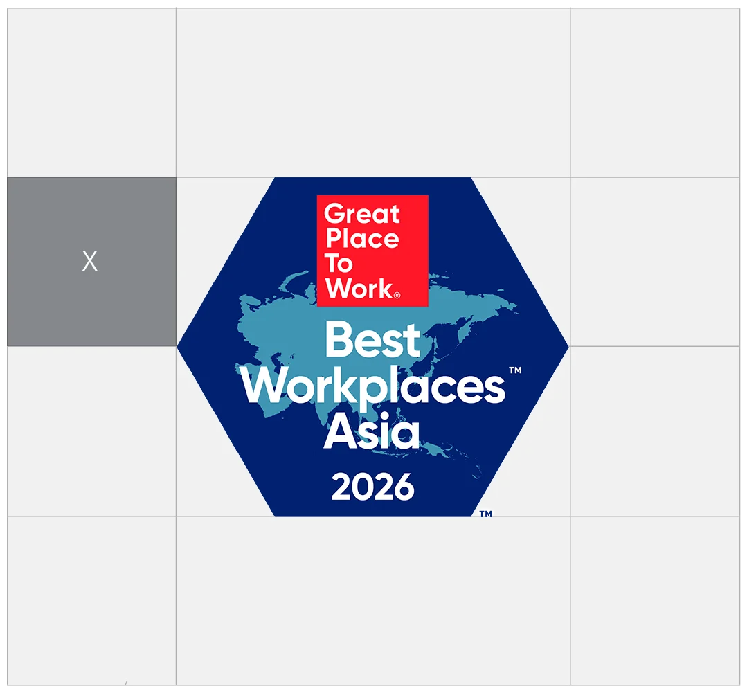 Great Place To Work logo with Best Workplaces Asia 2026 text on a blue hexagon.
