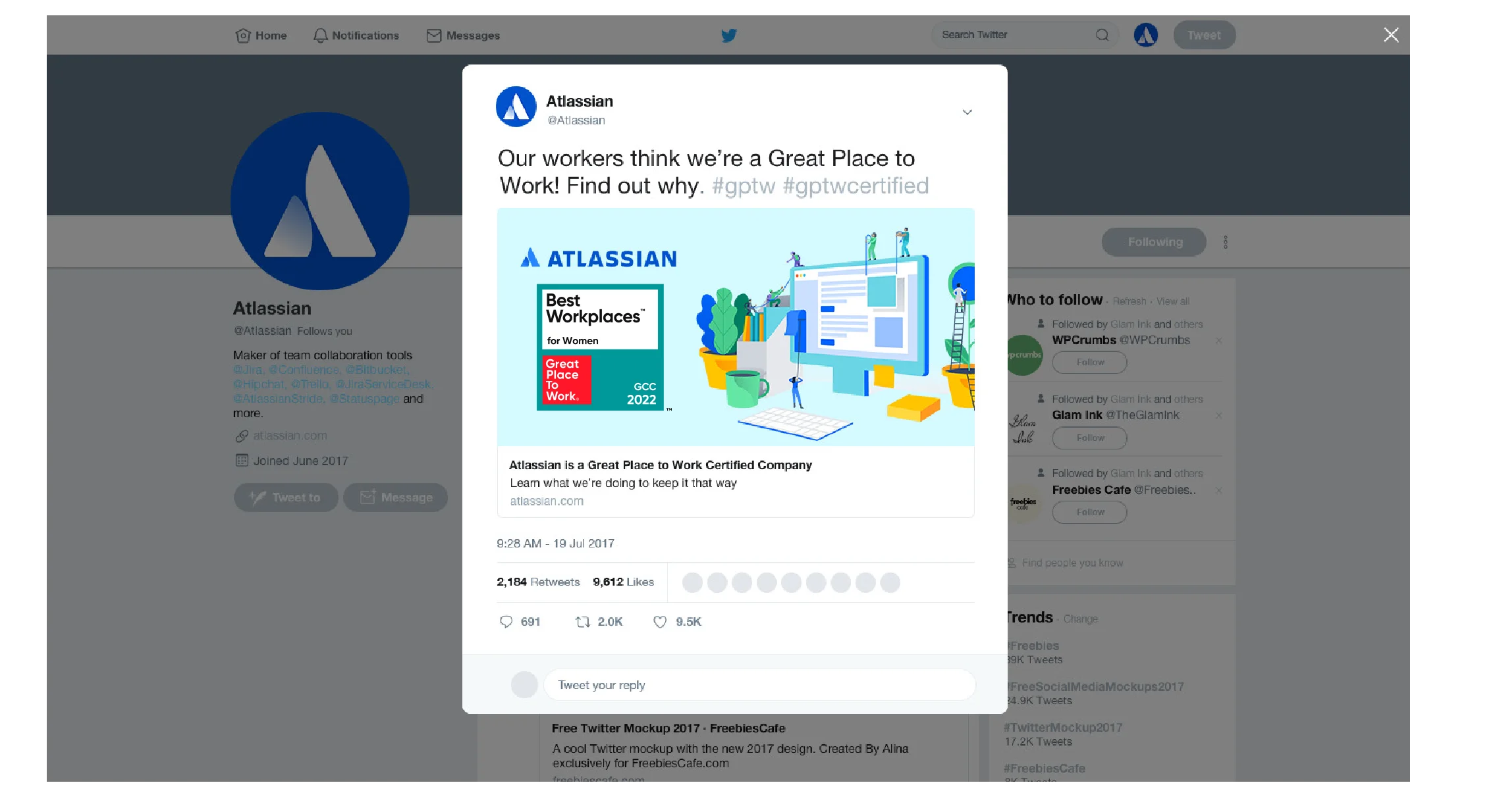 Twitter post by Atlassian stating workers think it's a great place to work with Best Workplaces for Women image.