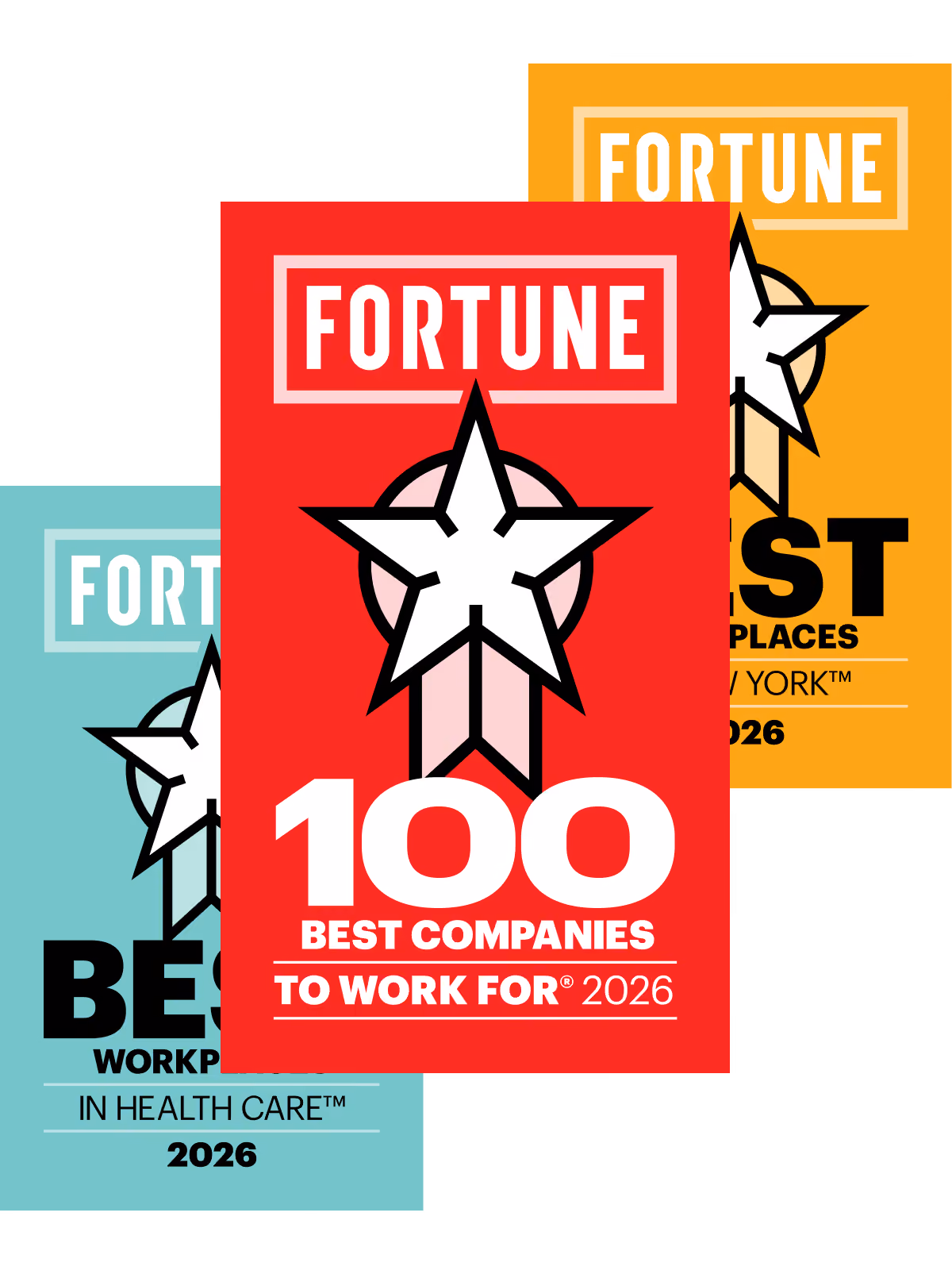 Three Fortune award badges for 2026: 100 Best Companies, Best Workplaces New York, and Best Workplaces in Health Care.