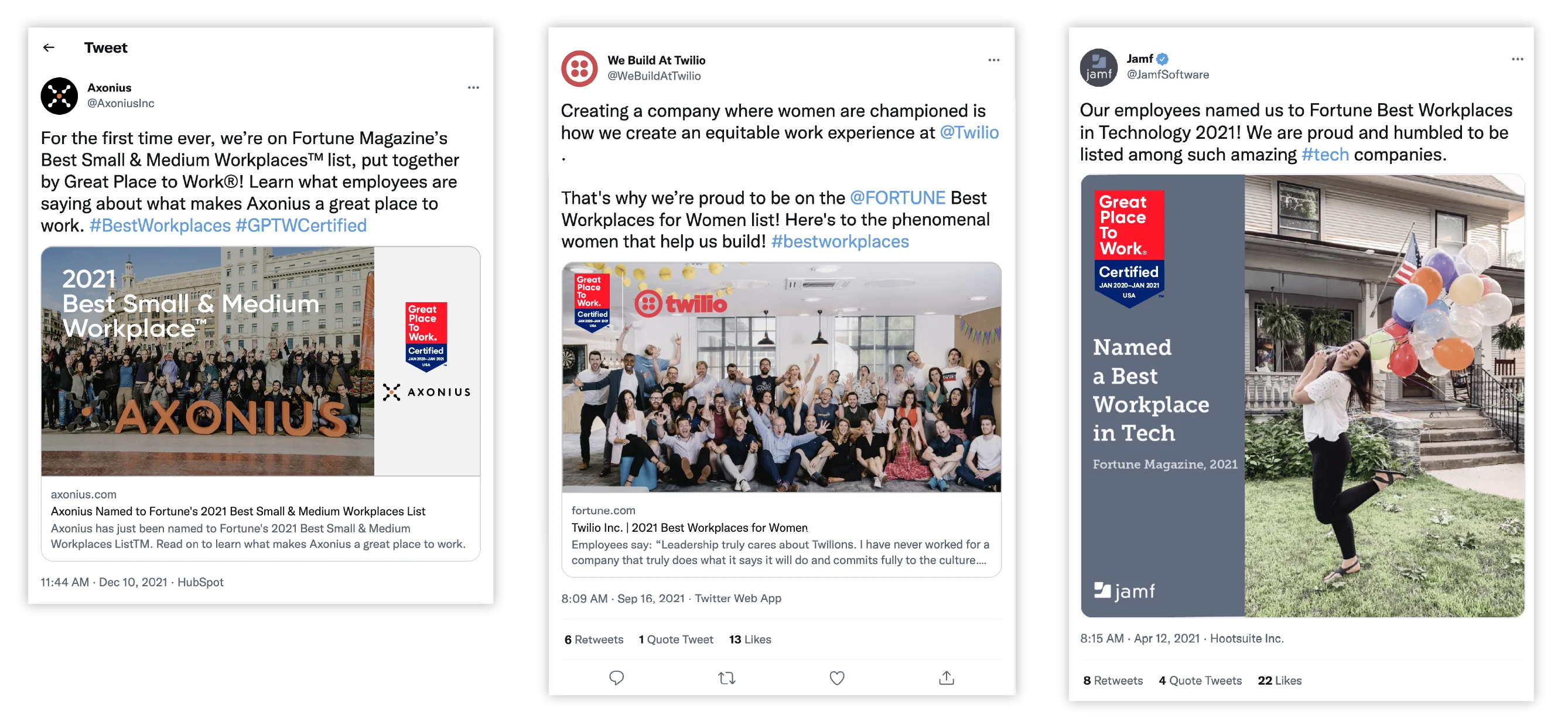 Three tweets from Axonius, Twilio, and Jamf celebrating their Fortune Best Workplace awards with team photos.