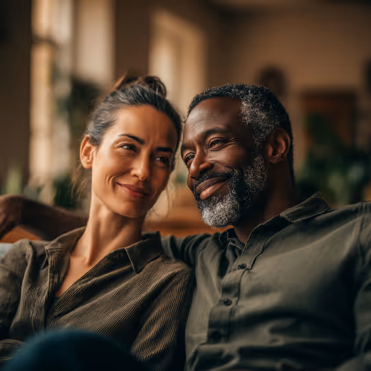 Smiling couple sitting closely on a couch, looking at each other affectionately in a warmly lit room.