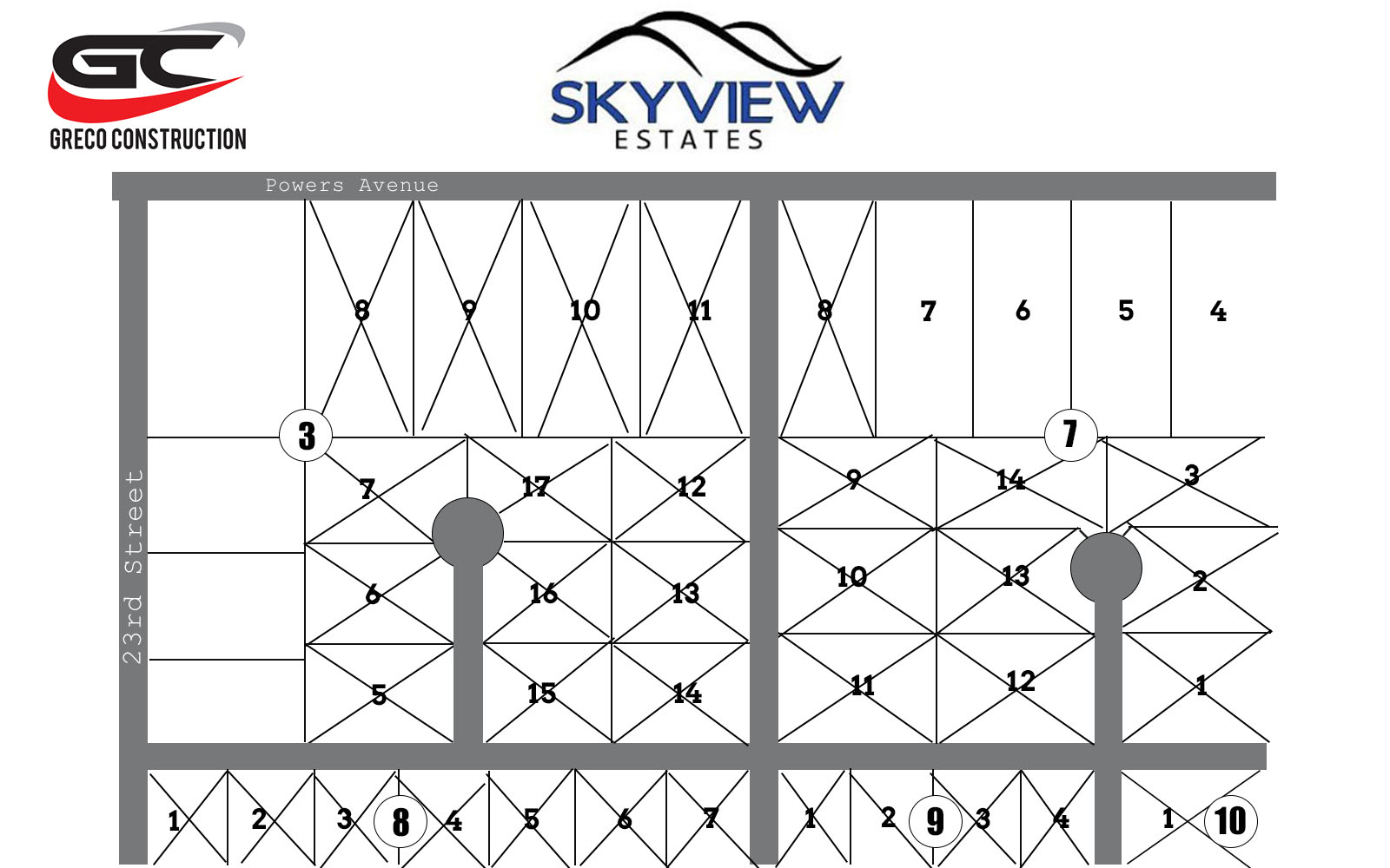 Black and white map of Skyview Estates phase 4 showing numbered lot divisions along Powers Avenue and 23rd Street with two cul-de-sacs and street block numbers in circles.