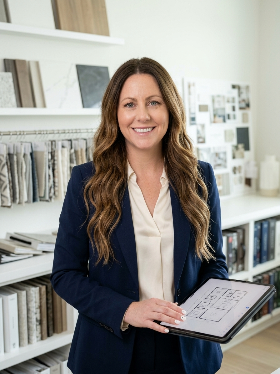 Greco Construction's Interior Designer, Tasha, smiling in a navy suit holding a tablet displaying a floor plan in an office with fabric samples and books.