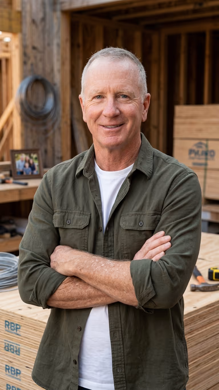 Headshot of Joe Greco, founder of Greco Construction, at a construction site.