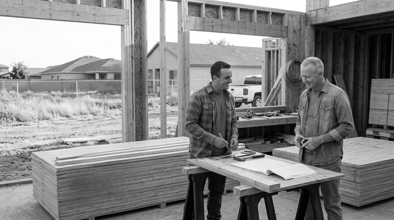 Two men discussing plans and measuring tape while standing at a wooden table with construction tools inside a partially framed house.