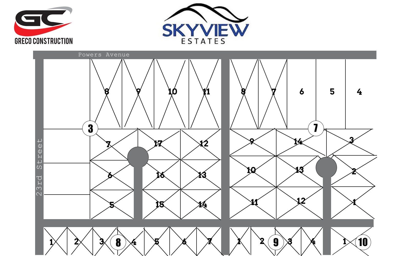 Black and white map of Skyview Estates phase 4 showing numbered lot divisions along Powers Avenue and 23rd Street with two cul-de-sacs and street block numbers in circles.